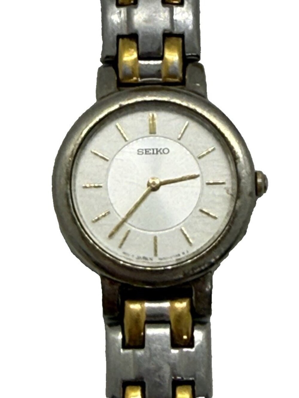 Vtg Seiko Women's Quartz Watch White Dial Two Tone Bracelet Round 1N00-1E19 RO